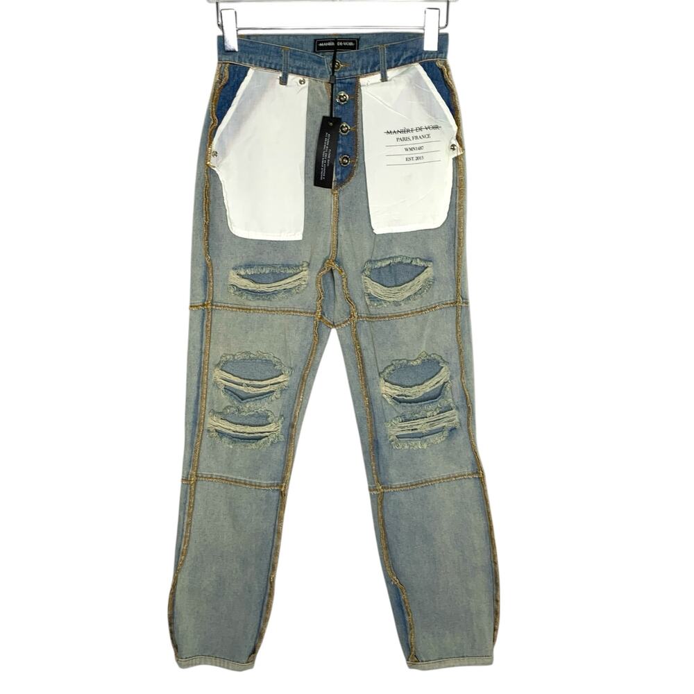Manier De Voir 8 NEW Distressed Inside Out Jeans Blue High Rise Grunge Rock